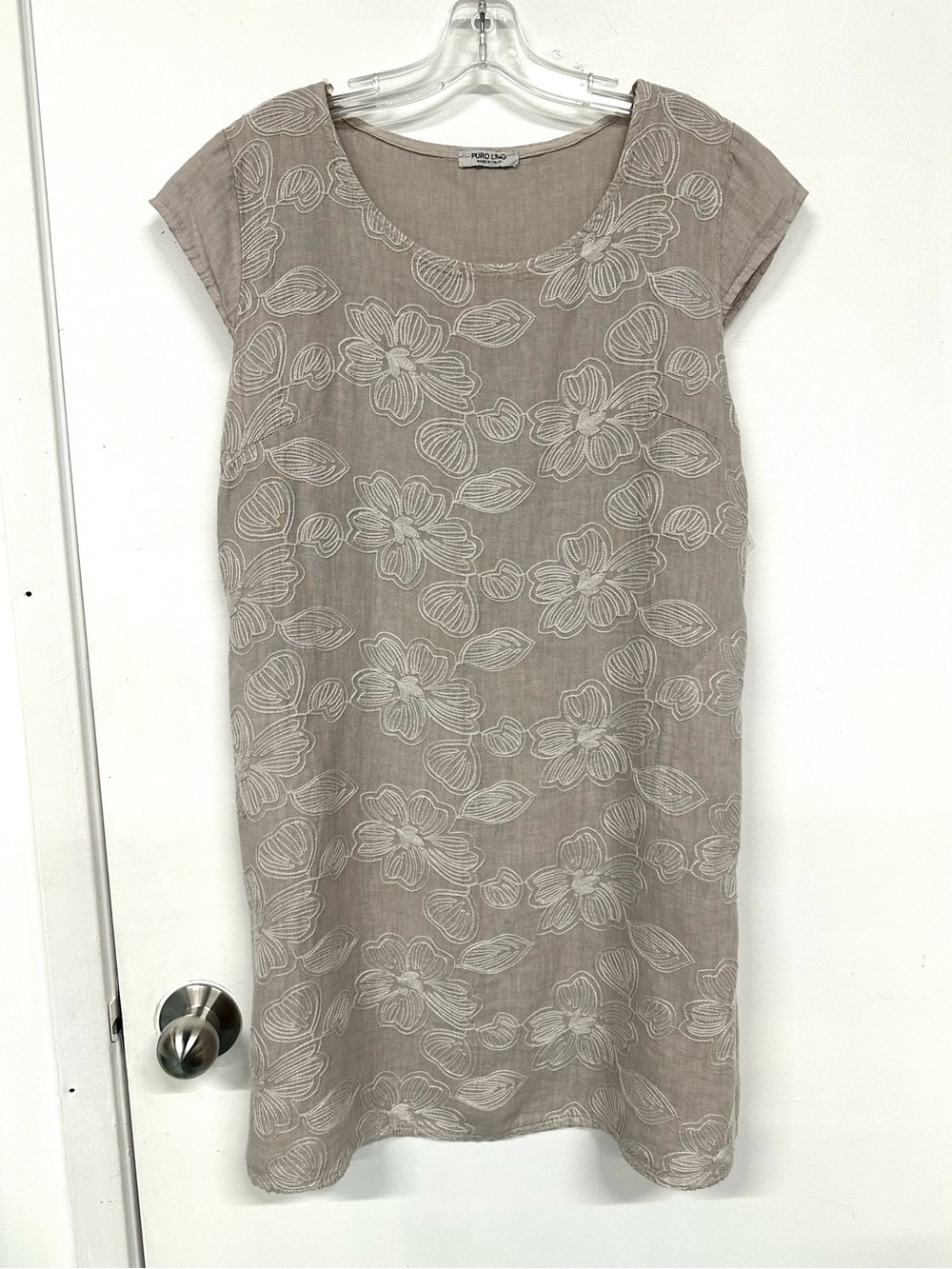 Puro Lino ecru linen embroidered floral dress L pockets Neutral Quiet Luxury